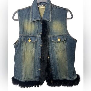 MIXIT Vintage Y2K Blue Denim Vest w/ Real Black Rabbit Fur Trim Sz Large